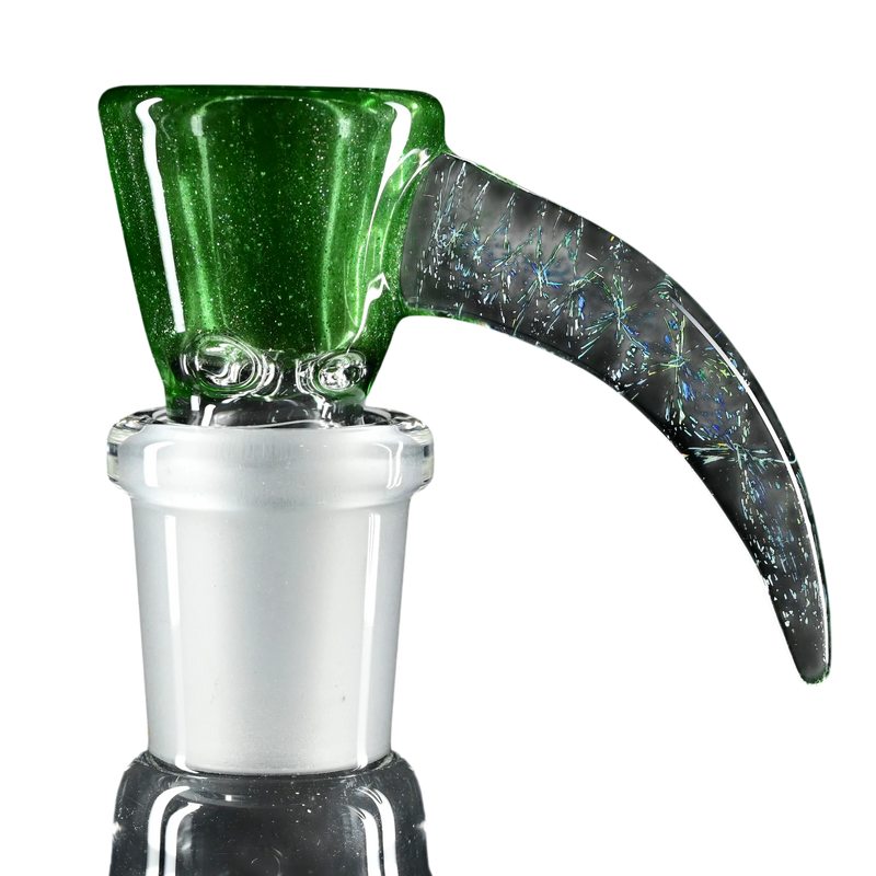 Side view of Kadabra 14mm Slide bowl in the color of Green Stardust  for smoking