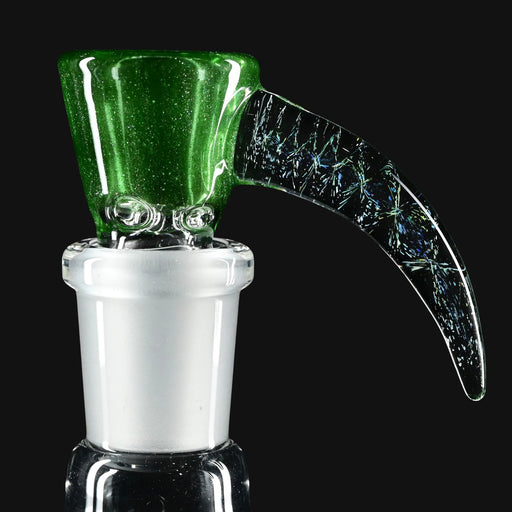 Side view of Kadabra 14mm Slide bowl in the color of Green Stardust  for smoking