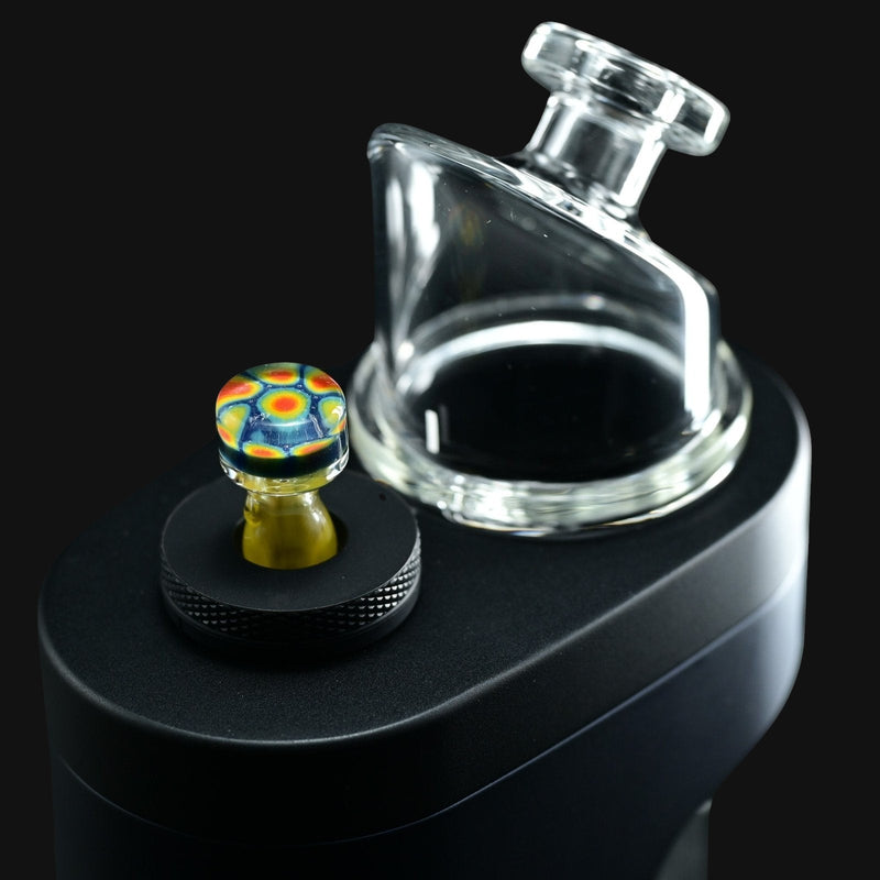 710 Pipes Smoke Shop full color Kadabra Dr. Dabber Switch2 Milli glass joystick carb cap with colorful patterned head and clear stem.