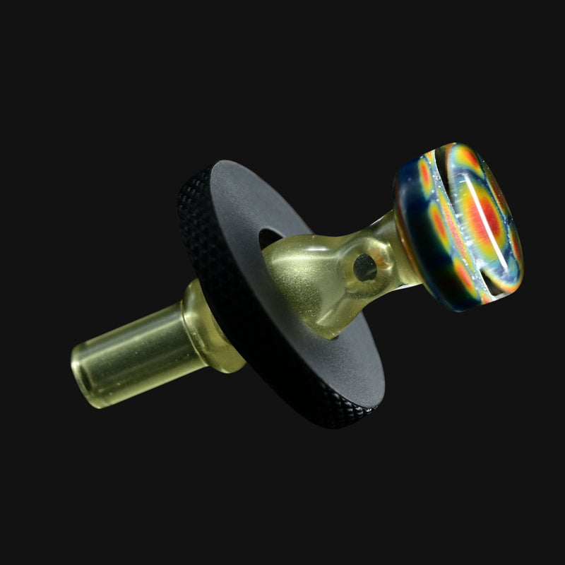 710 Pipes Smoke Shop full color Kadabra Dr. Dabber Switch2 Milli glass joystick carb cap with colorful patterned head and clear stem.