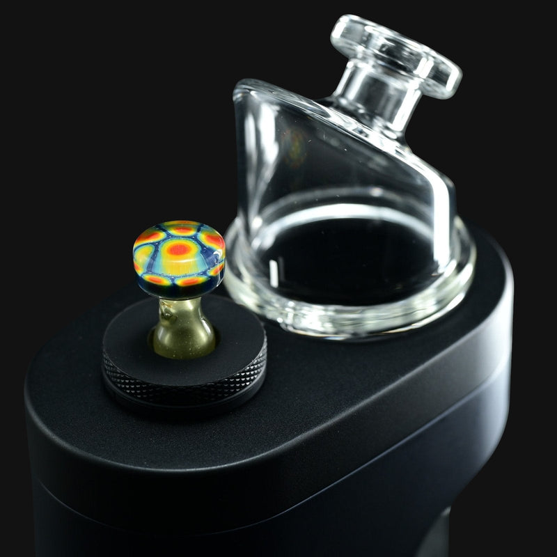 710 Pipes Smoke Shop full color Kadabra Dr. Dabber Switch2 Milli glass joystick carb cap with colorful patterned head and clear stem.