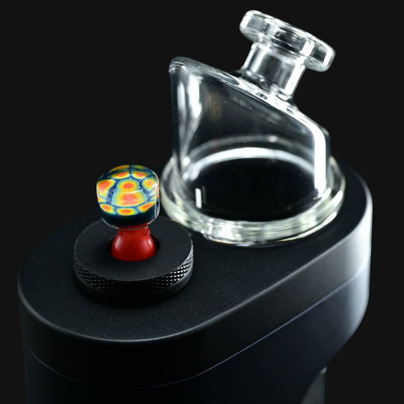 710 Pipes Smoke Shop full color Kadabra Dr. Dabber Switch2 Milli glass joystick carb cap with colorful patterned head and clear stem.