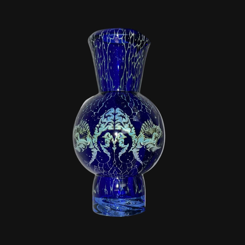 710 Pipes Smoke Shop Mothership Bubble Spinner Cap 2 in blue glass with intricate white webbed patterns and fish motifs.