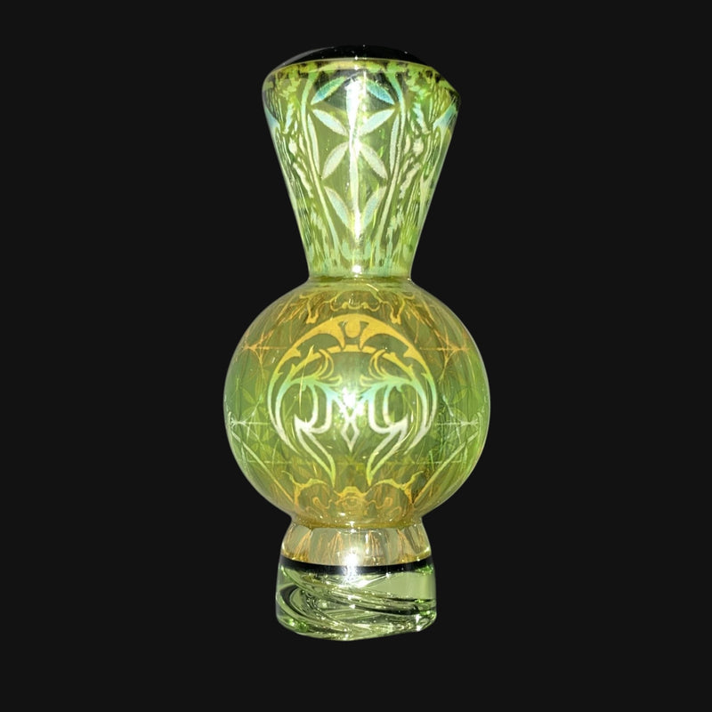 710 Pipes Smoke Shop Mothership Bubble Cap 6 featuring intricate green and gold etched glass patterns