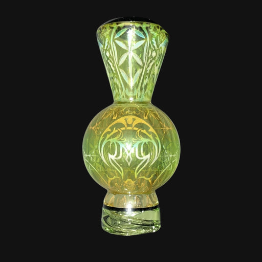 710 Pipes Smoke Shop Mothership Bubble Cap 6 featuring intricate green and gold etched glass patterns
