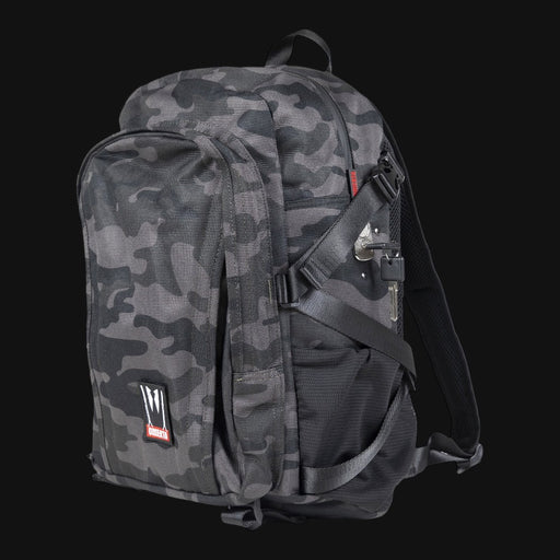 710 Pipes Smoke Shop Dime Bags Omerta Transporter backpack in camo print with smell-proof carbon lining and lock.