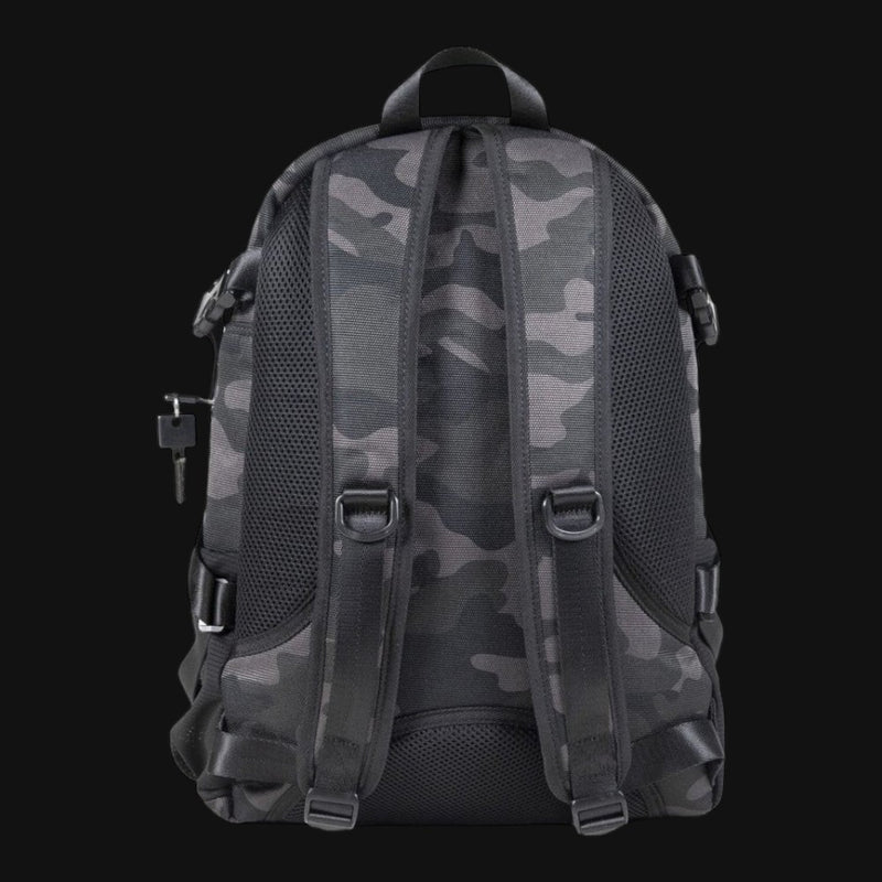 710 Pipes Smoke Shop Dime Bags Transporter smell-proof backpack in camo print with padded straps and lockable zippers.
