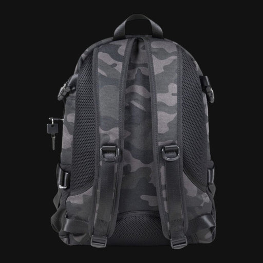 710 Pipes Smoke Shop Dime Bags Transporter smell-proof backpack in camo print with padded straps and lockable zippers.