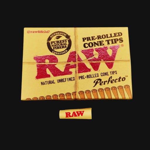 710 Pipes Smoke Shop RAW Perfecto Pre-Rolled Cone Tips pack and single unbleached paper tip on black background