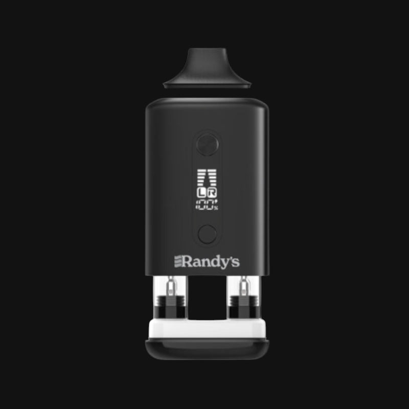 Randy's Inspo Dual vape in Noir Black from 710 Pipes Smoke Shop, featuring dual cartridge slots and digital display open front view
