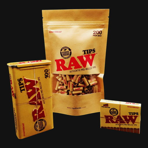 710 Pipes Smoke Shop RAW pre-rolled tips in various pack sizes including a tin, pouch, and box for easy rolling.