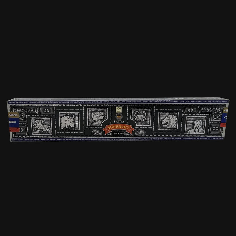 710 Pipes Smoke Shop Satya Super Hit 15g incense box with zodiac illustrations on a black background