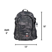 710 Pipes Smoke Shop Dime Bags Omerta Transporter smell-proof backpack in camo print with dimensions shown