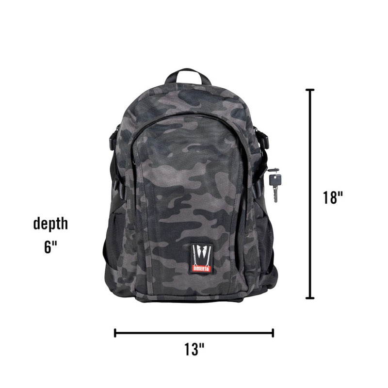 710 Pipes Smoke Shop Dime Bags Omerta Transporter smell-proof backpack in camo print with dimensions shown
