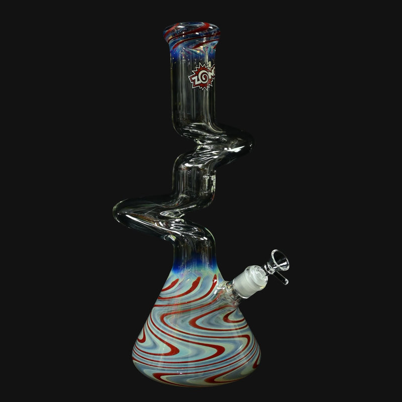 Zong Fat Multi Worked Color 2 Kink Beaker 9mm - Red, White, & Blue