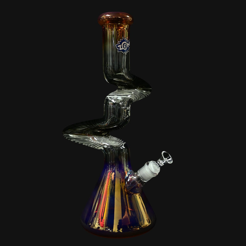 Zong Fat Striped 2 Kink Beaker 9mm - Gold Fume/Black & White