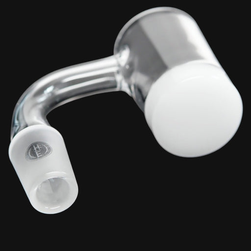 Highly Educated Gavel v3 quartz banger with opaque basin and laser etched logo on black background