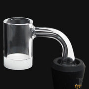 Highly Educated Gavel v3 quartz banger with opaque basin and clear bucket on black background