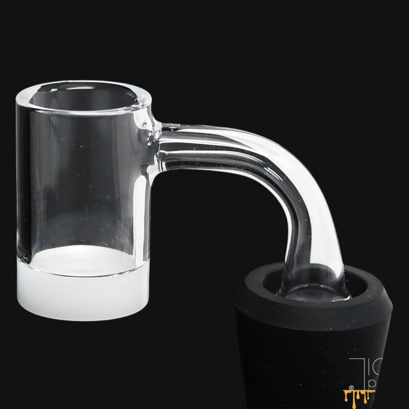 Highly Educated Gavel v3 quartz banger with opaque basin and clear bucket on black background
