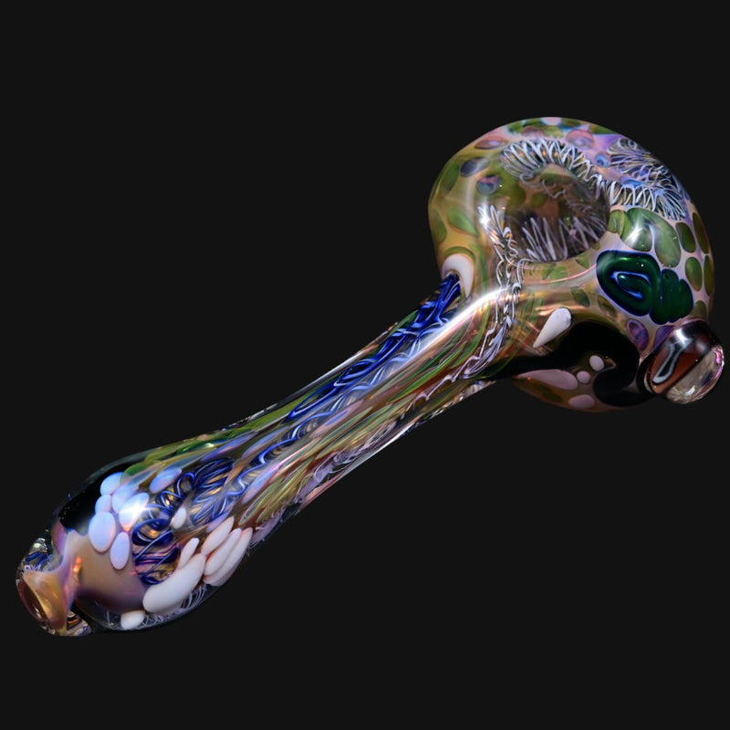 Matty White ISO worm spoon glass pipe with intricate milli and colorful patterned glass design