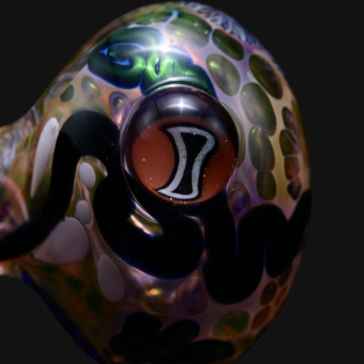 Matty White glass spoon pipe featuring intricate worm patterns and a custom Robin milli accent.