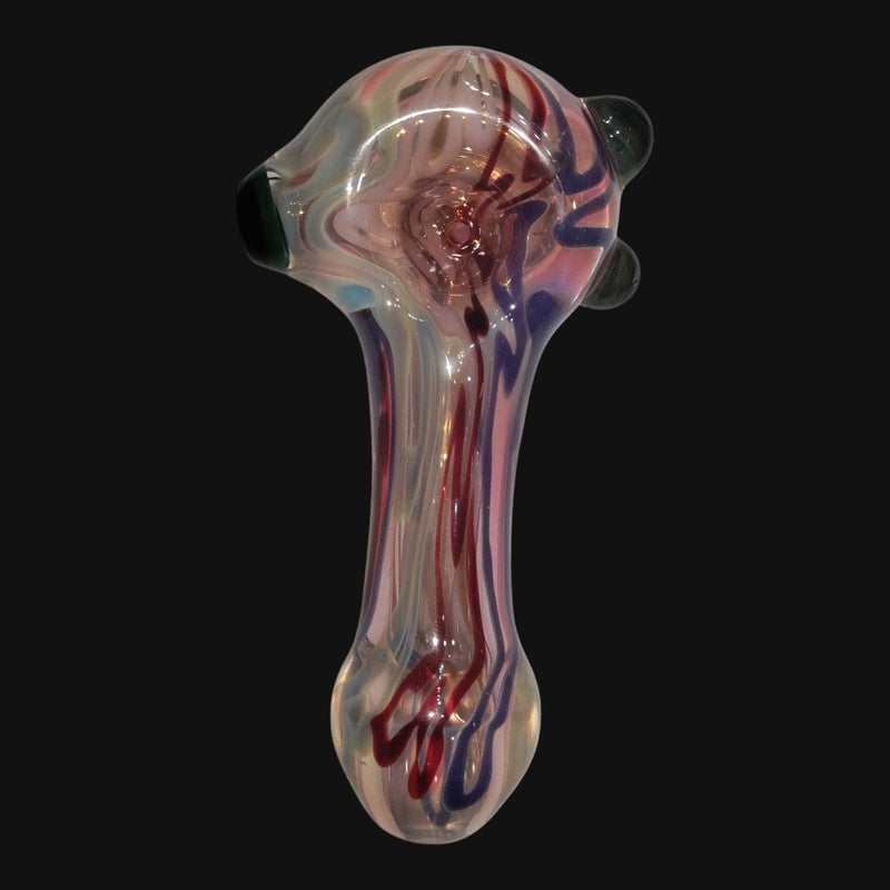 OMA glass spoon pipe featuring fumed clear glass with swirling red and blue decorative accents.