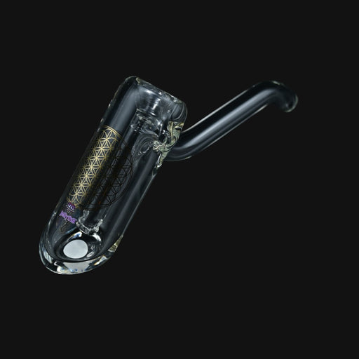 clear glass bubbler featuring a gold sacred geometry flower of life design on the chamber.