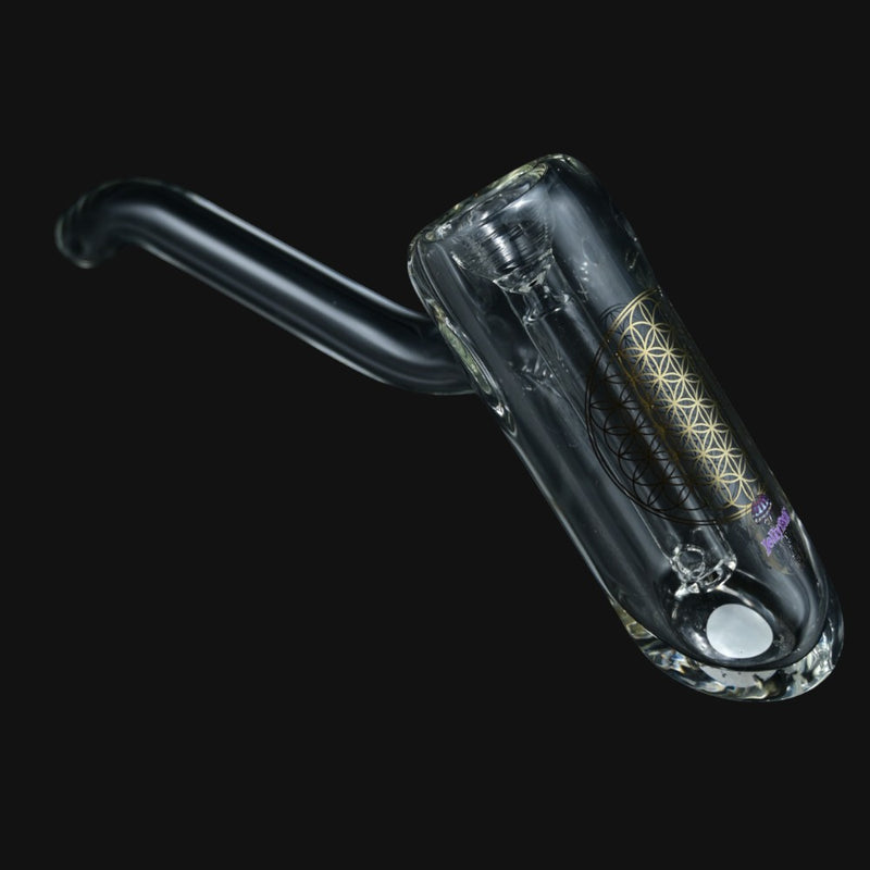 clear glass bubbler featuring a gold sacred geometry flower of life design on a black background