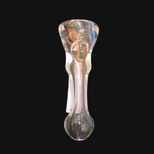 Sigh Glass Chillum featuring a clear borosilicate design with iridescent swirling accents
