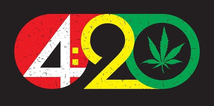 Stylized 4:20 graphic with a cannabis leaf in rasta colors