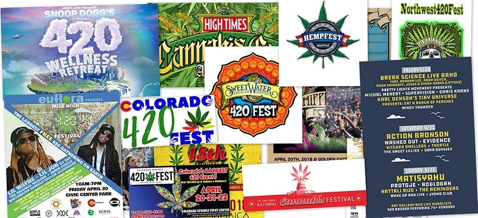 Collage of flyers for various 420 cannabis festivals