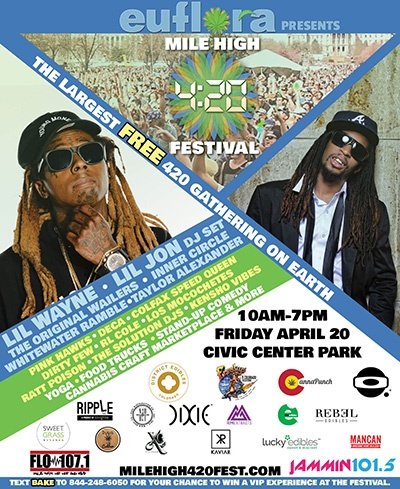 Mile High 420 Festival poster featuring Lil Wayne and Lil Jon at Civic Center Park