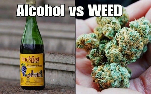 Alcohol vs Weed graphic with a wine bottle and cannabis buds