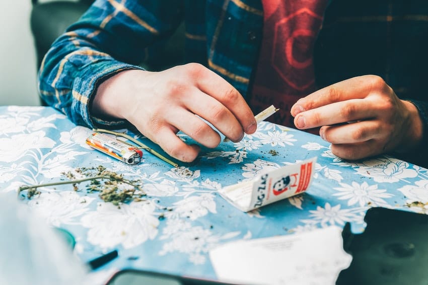 Man in Flannel Shirt Preparing to Roll Joint at Kitchen Table Using Zig Zag Rolling Papers