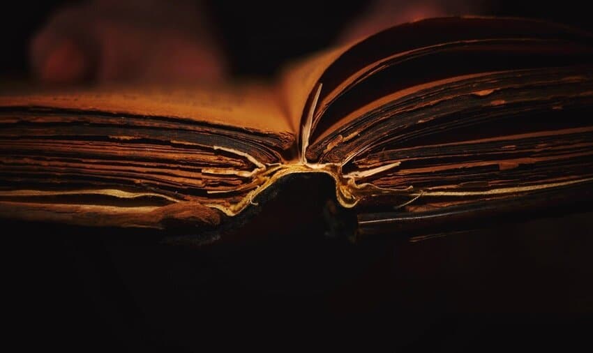 Close-up of ancient book's worn seam and yellowing pages