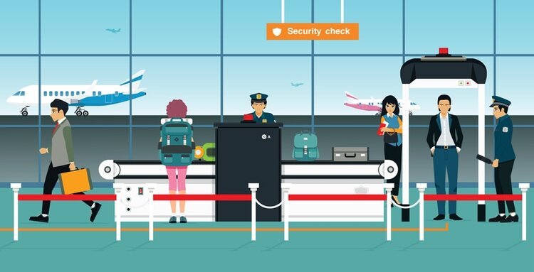 Animated view of airport as security checks bags for cannabis