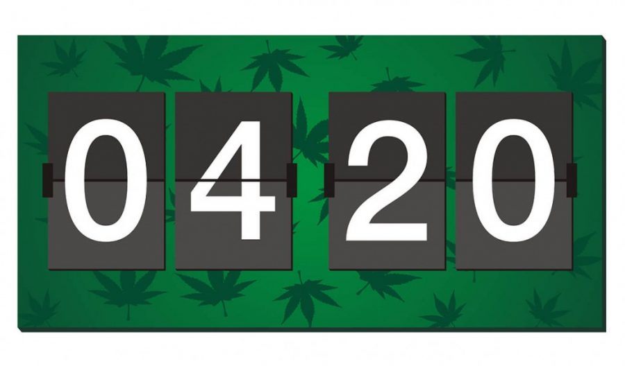0420 on animated flip counter with cannabis leaf background