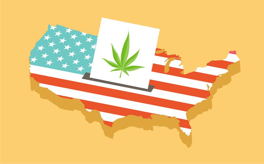 Flag-colored art of U.S. map and ballot with cannabis leaf
