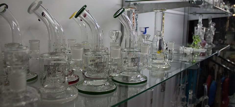 Glass Dab Rig Selection on Smoke Shop Shelf