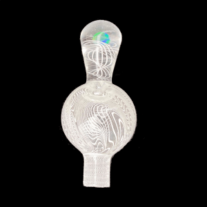Mycomann engraved glass bubble cap with opal handle against black background.