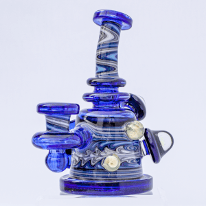 Hedman Headies dab rig with translucent blue and white swirled glass, decorative opal additions and a two hole diffuser.