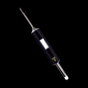 Silver and black temperature-indicating dab device, with green indication light indicating readiness for use.