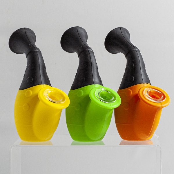 Ooze Sax Silicone Hand Pipes in Green Yellow and Orange