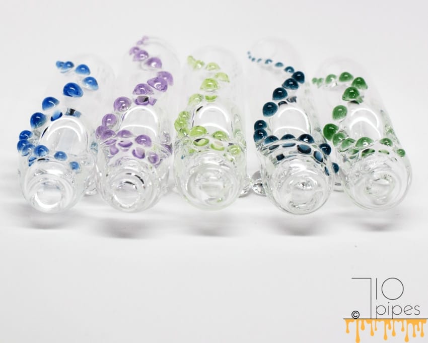 Five transparent glass steamroller hand pipes with accents in assorted colors