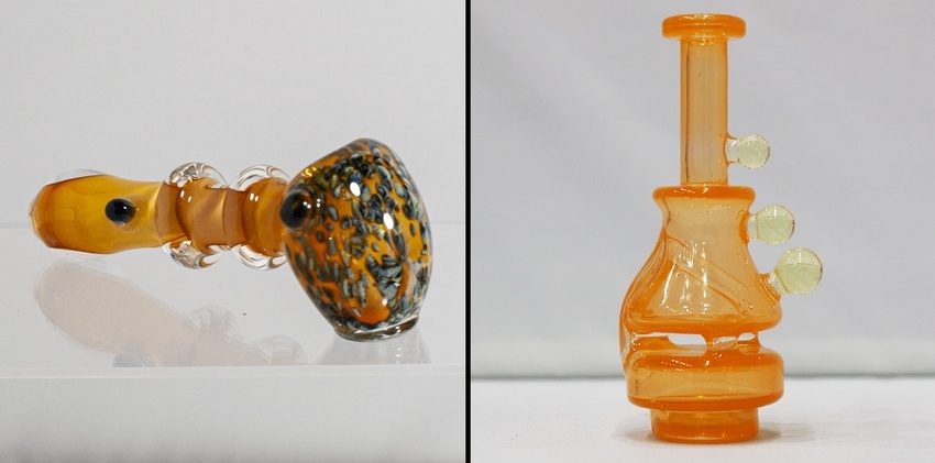 Adjacent photos of an orange dry pipe and orange water pipe sold in our online smoke shop