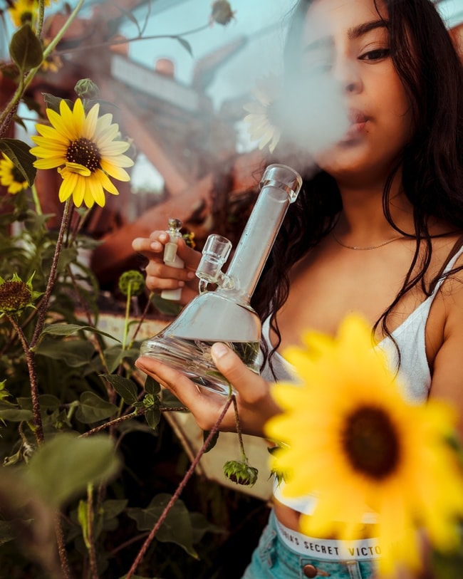 Woman Holding Glass Water Pipe and Exhaling Smoke from Filtered Bong Hit in Field Surrounded by Daisies
