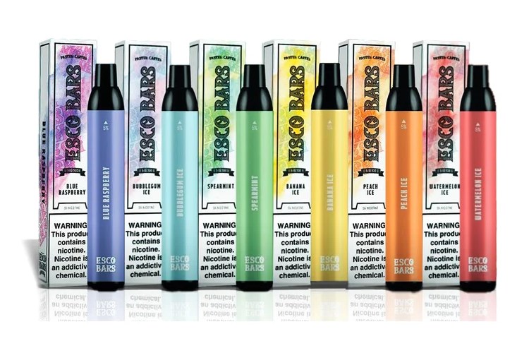 "Esco Bars" disposable vaporizer pen models in six assorted flavors beside adjacent packaging