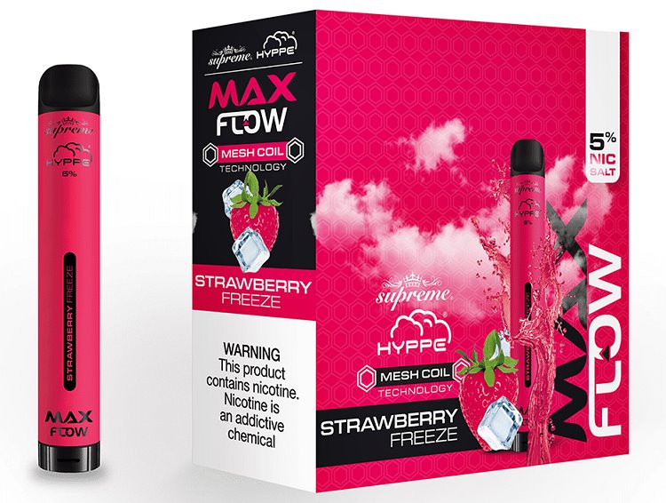Pink disposable vaporizer pen by Hype Maxx Flow in strawberry freeze flavor beside packaging