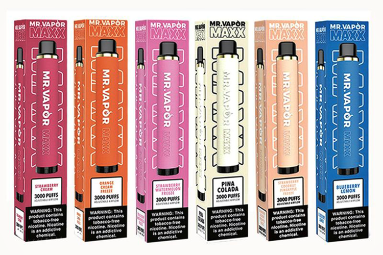 Five "Mr. Vapor Maxx" disposable vaporizer pen boxes in assorted flavors