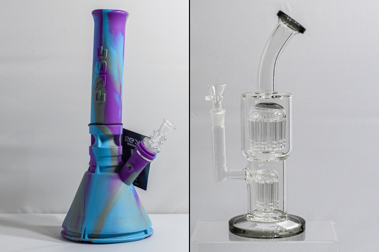 Adjacent photos of Eyce brand silicone bong and transparent glass bong